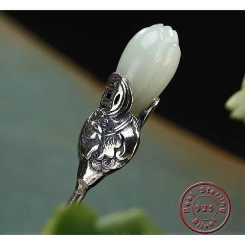 Amxiu Handmade Magnolia Flower Hair Sticks S925 Hair Jewelry Vintage Antique Silver Hair Accessories For Mother Birthday Gift
