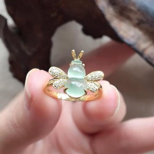 Original design natural chalcedony diamond bee opening adjustable ring romantic and cute fresh charm women silver jewelry