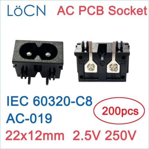AC power socket AC-019 thru-hole PCB AC socket IEC 60320-C8 22x12mm 2.5A 250V plum 8-shaped 2 pin horizontal elbow 2 hole 200PCS