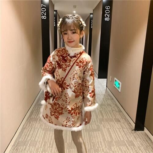 Autumn And Winter Hanfu Girls' Chinese Style Embroidery Tang Costume New Years Cheongsam Thickened Birthday Evening Party Dress