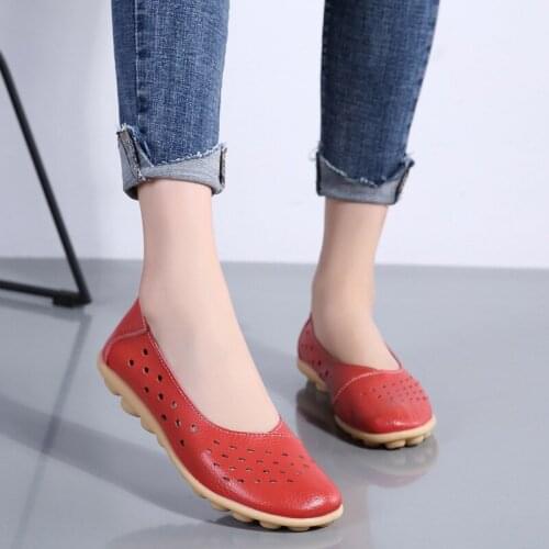 Genuine Leather Women Flats New Cut-Outs Summer Shoes Woman Hollow Womens Loafers Female Solid Shoe Large Size 35-44