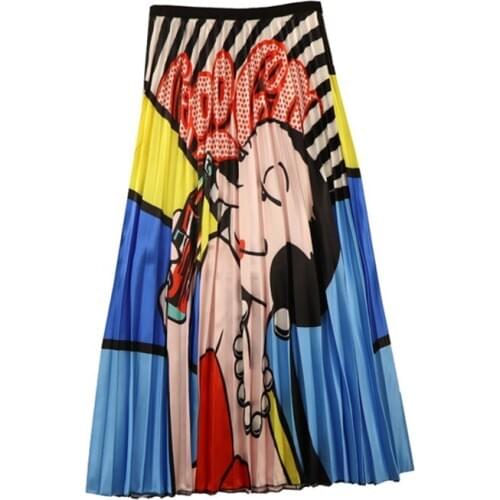 Womens Harajuku Skirt Pleated Cartoon Print Elastic Waist Graphic Skirts Lady Summer Japan Womens Spodnica Falda Female SP619