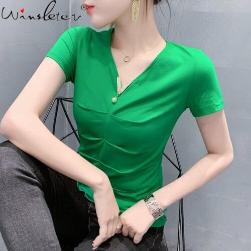 Summer Korean Clothes Cotton Solid T-Shirt Sexy Fashion V-Neck Drape Women Tops Slim Bottoming Shirt Tees New 2021 T13705A
