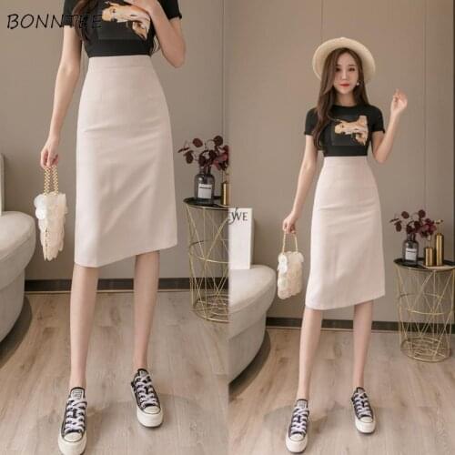 Women Skirts Solid Zipper Knee-length Split Elegant Office Lady Slim Korean Style Buttocks Leisure All-match Popular Female New