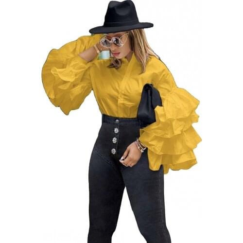 New Lotus Leaf Sleeve Shirt Spring 2021 Solid Color Womens Stand-Up Collar With Buttons High-Quality Fashion All-Match Shirt