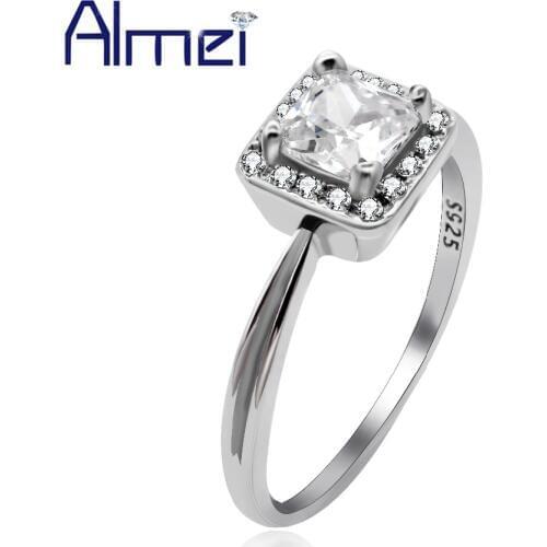 Almei 40% Rings For Female Women 925 Sterling Silver Ring Square White Zircon Stones Jewelery Party Gift With Free Box LJ117