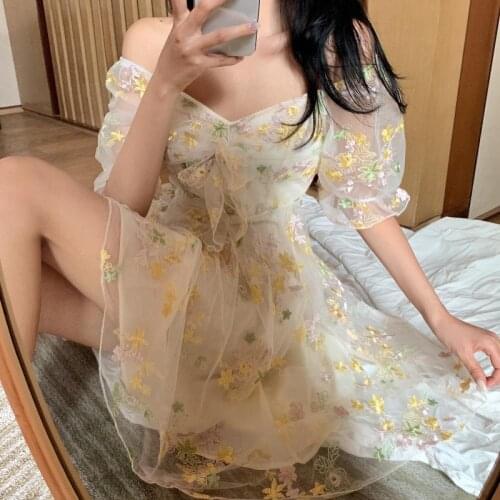 Vestidos De Verano French Floral Dress Women Sexy Puff Sleeve Lace Chiffon Print Mini Dress Style Vintage Fairy Dress New 2021