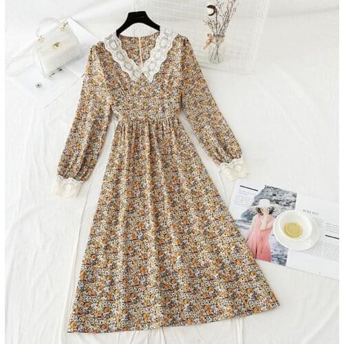2021 Spring Floral Printing Midi Dress Elegant Lace V-neck Women High Waist Chiffon Dresses Vintage Long Sleeve Party Vestidos