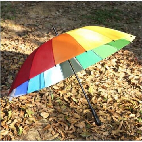 New Arrival High quality 16k Korean Rainbow Long Handle Rain Umbrella Straight Rain Sun Umbrellas Windproof Unisex Umbrella