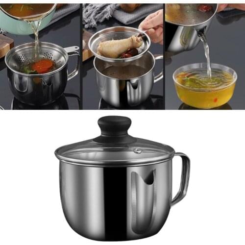 193F Cooking Grease Separator Pot Oil Soup Strainer Cup Multi-Purpose Use Stainless Steel Grease Oil Filter Jug with Strainer