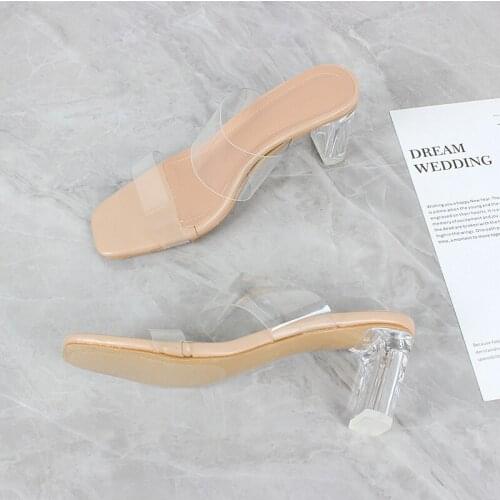 2021 summer new womens shoes Square Head PVC transparent one line high heel sandals womens thick heel comfortable fashion36-41