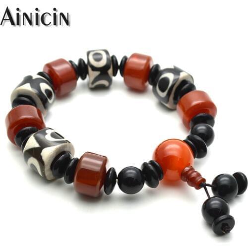 1pc Natural Semi-precious Stone 3 Eyes DZI Bead Strand Prayer Bracelets Fashion Mens Tibetan Bangles