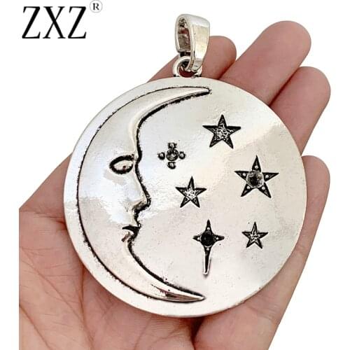 ZXZ 1 Piece Tibetan Silver Large Moon and Star Round Charm Pendant for Necklace Jewelry Making Accessories 62x62mm