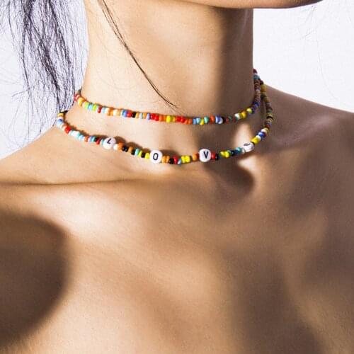 Simple Double-layer Multicolor Beads Chain Choker Necklace for Women Resin Printing Letter LOVE Necklace Clavicle Chain Bohemia