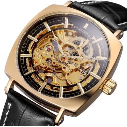 FORSINING Retro Casual Rectangle Case Design Golden Hollow Skeleton Watch Men Top Brand Luxury Mechanical Automatic Watches