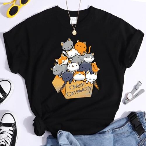 Womany Cats Gathered In The Printing Woman Tshirt Leisure Creativity T Shirt Summer Newtop Crewneck Breathable Woman T Shirts