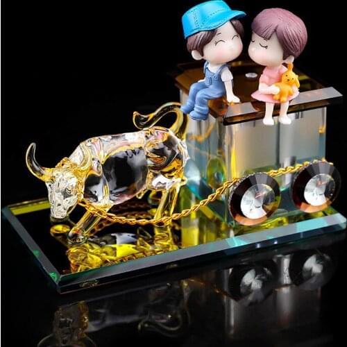 Creative Home Decor Synthetic Crystal bullock-cart couple aromatherapy car Perfume Seat Oxcart Home figurine&Miniature free ship