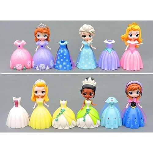 6pcs/set Frozen Q Vertion Cartoon Elsa Princess Jenga Doll Model 12 Skirts Can Be Changed To Play House Toys Gift for Baby Girls