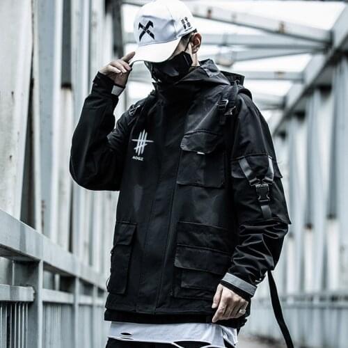 Dark Reflective Tactical Functional Cargo Jackets Coats Men Techwear Streetwear Pullover Multi-Pocket Hoody Casual Windbreaker