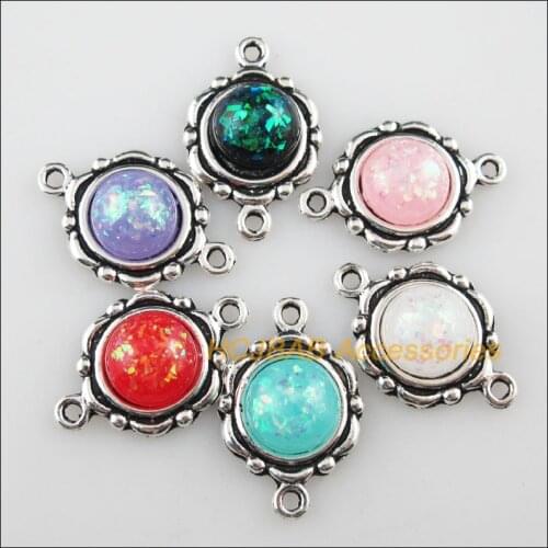 Fashion 12Pcs New Round Flower Resin Connectors AB Shivering Mixed Charms Tibetan Silver 15x23mm