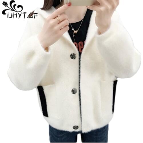 UHYTGF Fashion Hooded Autumn Winter Sweaters Jacket Women Imitation Mink Fleece Knitted Coat New Cardigan Female Short Tops 1179