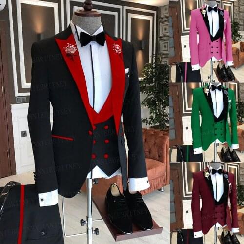 Suit Men for Wedding Black Men Blazer Vest Pants 3 Pieces Set Velvet Lapel One Button Male Spring Fall Dinner Formal Suit Homme