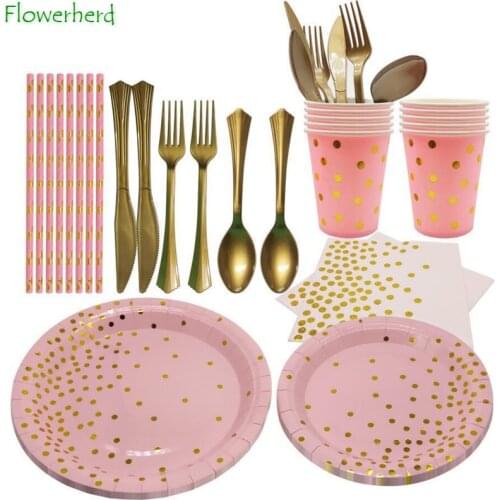 Pink Party Supplies Set Dinnerware Set Disposable Dots Paper Plates Napkins Cups Fork Knives Spoon Baby Shower Birthday Wedding