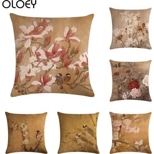 Vintage Flowers and Birds Cotton Linen Pillow Cover Cushion Cover Decorative Pillow Case for Sofa Car Chair Gift 45x45cm