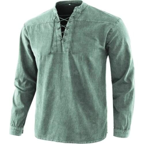 Spring Autumn New Men Long Sleeve T Shirt Solid Color Vintage Lace Up Collar Loose Casual T-Shirts For Male Streetwear Tops