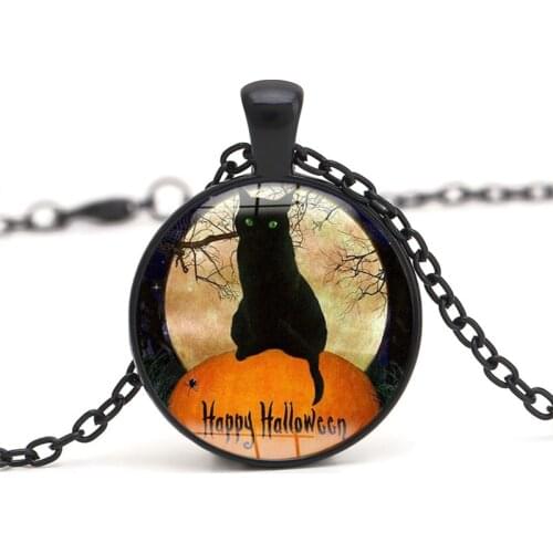 Trendy Halloween Flying Witch Bat Cat Cabochon Glass Pendant Necklace Jewelry Happy Holiday Gift Statement Necklace