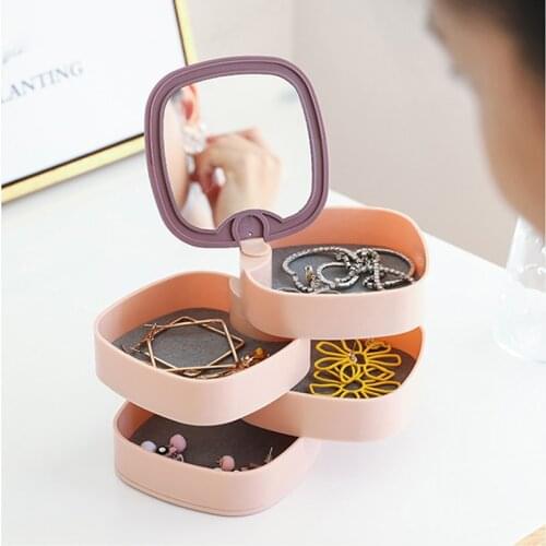 Plastic Jewelry Storage Box 4 Layers Rotating Jewelry Organzer with Mirror Bracelet Rings Necklace Hair Accessories Storage Case