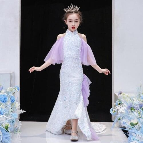 Sexy sequins stitching evening dress Kids Catwalk Mermaid princess dress birthday party dress for girls vestidos Y3122