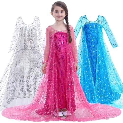 Elsa Dress Kids Girls Costume Snow Queen 2 Elsa Blue Sequined Long Sleeve Dress Cosplay Halloween Costume Girls Dress