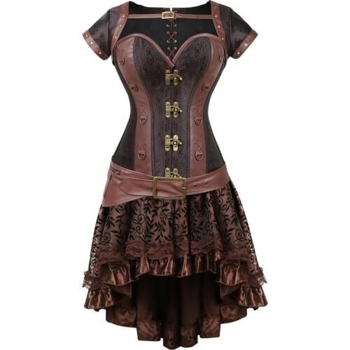 Steampunk Corset Dress Gothic Underbust Corset Vest with Skirt Burlesque Vintage Pirate Cosplay Costume Set Plus Size
