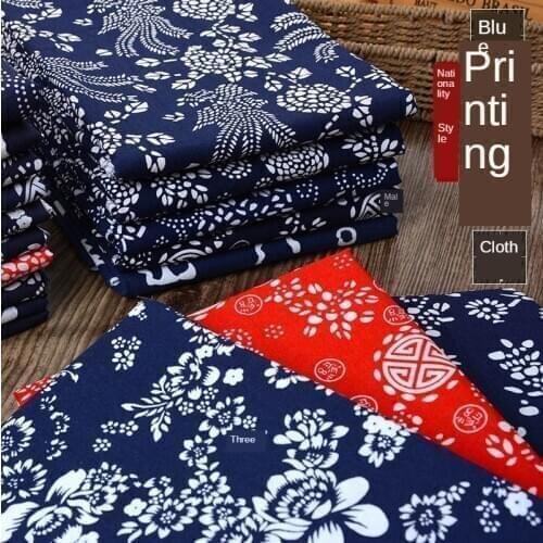 Blue Calico Pure Cotton Thickened Blue and White Cloth Table Curtain Decorative Plants and Animals Printed Sequin Fabric Sewing
