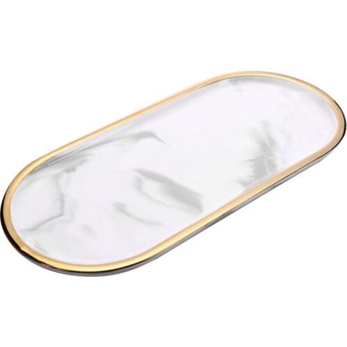 Nordic Style Gold-Plated Oval Plate Creative Ceramic Plate Marbled Western Dish Snack Plate Cake Storage Tray Jewelry Tray Decor