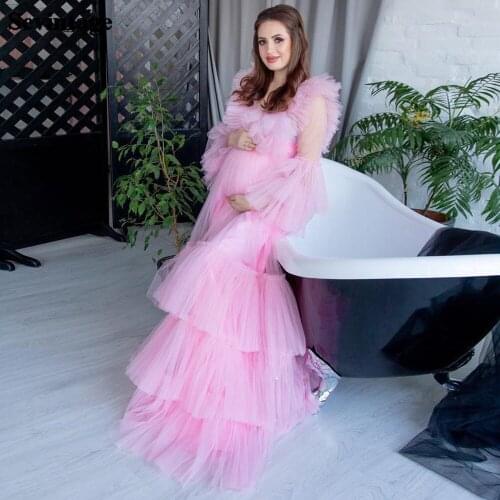 Sevintage Pink Empire Maternity Evening Dresses Tiered Tulle Pregnant Woman Dress Long Flare Sleeves Prom Gowns Plus Size 2021