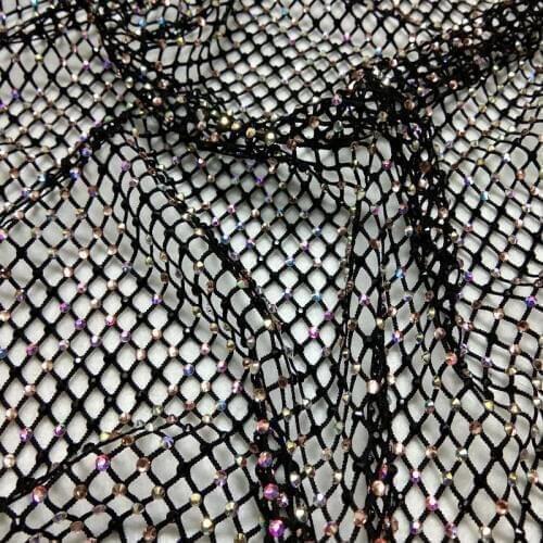 Bling Bling 40x30cm Chunky Glitter Black AB Rhinestone Stretch Mesh Fabric Elastic Sequin Fabric Party Home Decoration