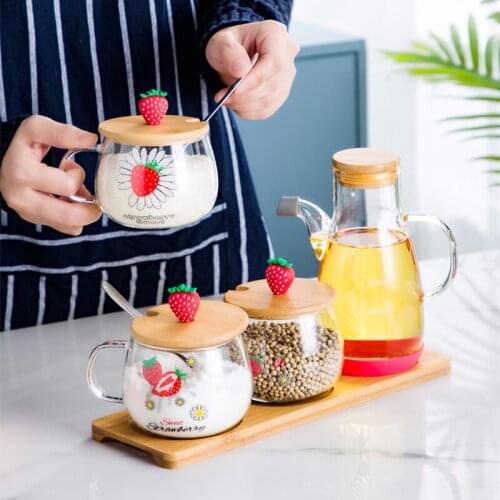 Glass Seasoning Jar Set Sealed Storage Tank with Lid Glass Oil CanHousehold Wooden Storage TrayHome Decoration Desktop Ornaments