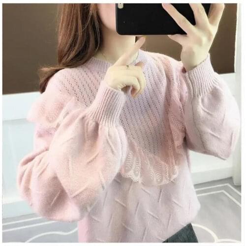 Lazy style sweater women Pullover fall / winter 2020 new loose top lace edge crew neck solid color warm and sweet sweater