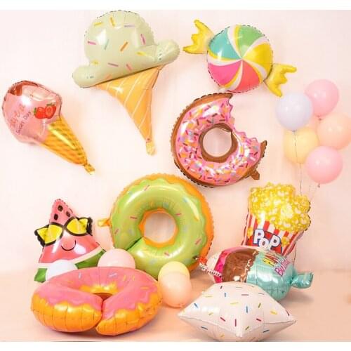 1pcs Donuts Candy Ice Cream Popcorn Fruit Foil Balloons Baby Shower Happy Birthday Decorations Inflatable Helium Sweet Kids Toys