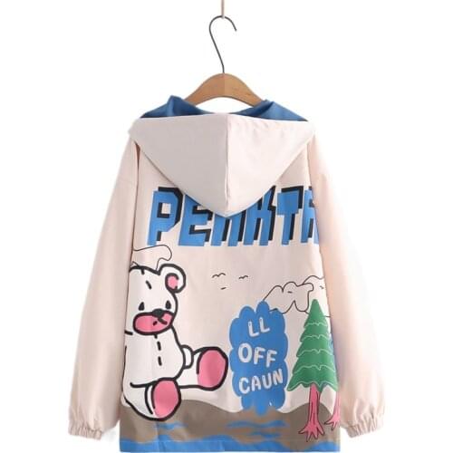 Bear Print Harakuju Women Hooded Jackets Long Sleeve Zipper Coats 2021 Autumn Kawaii Cute Sweet Female Long Sleeve Outerwear