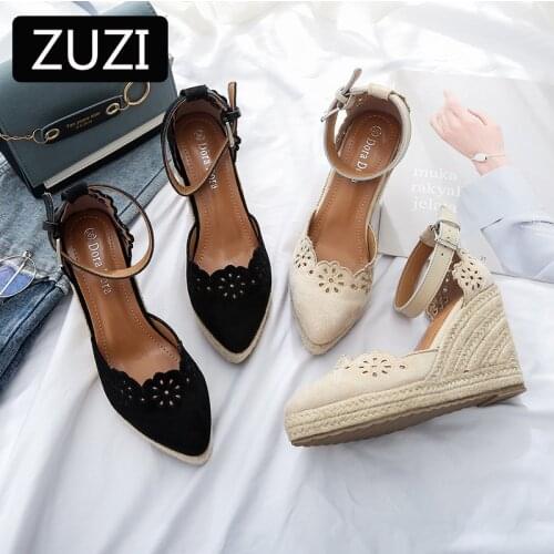 ZUZI Womens Espadrilles Wedge 2021 New Sandals Skirt Hollow Single Shoes Womens Fashion Pointed High Heels Thick Bottom Straw
