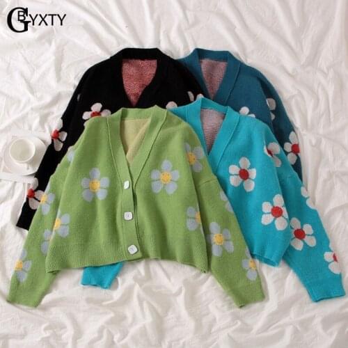 GBYXTY Korea Loose Floral Short Cardigan Coat 2020 Autumn Women V-Neck Button Up Knitted Sweater Girl College Cardigan ZA2095