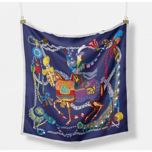 Twill Silk Scarf Woman Tassel Horse Print Square Scarves Wraps Bandana Small Hijab Silk Foulards Lady Tie Headband Neckerchief