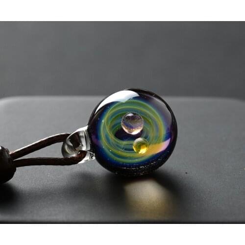 Double Ball Women Universe Planet Galaxy Glass Pendant Necklace, Sun Moon Galaxy Necklace Girls Blue With Gift Box Dropshipping
