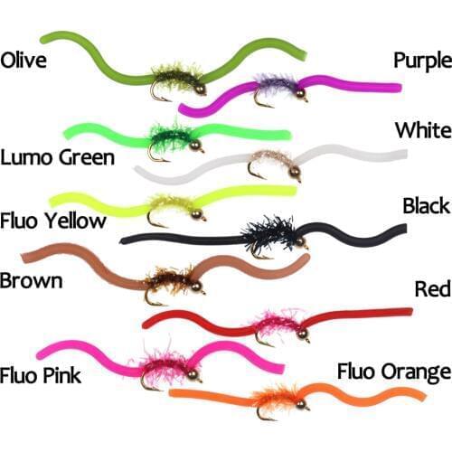 10PCS Mix Color #10 Brass Bead Head Sanjuan Worms Trout Fishing Squirmy Worms Pink Olive Green with Flasher Body
