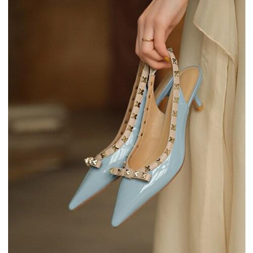 2021 Brand Women Shoes Fashion Rivet Heels Women Sandals Summer Pointed Toe Comfort Dress Shoes Woman Patent Leather Sandals