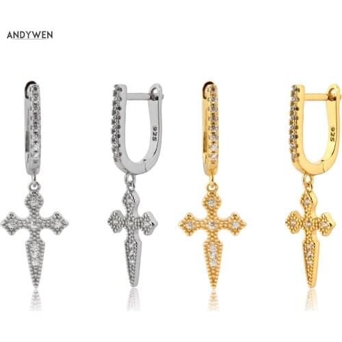 ANDYWEN 925 Sterling Silver Gold Cross Pendant Dangle Drop Earring 2020 Rock Punk Luxury Crystal CZ Zircon Piercing Pendiente