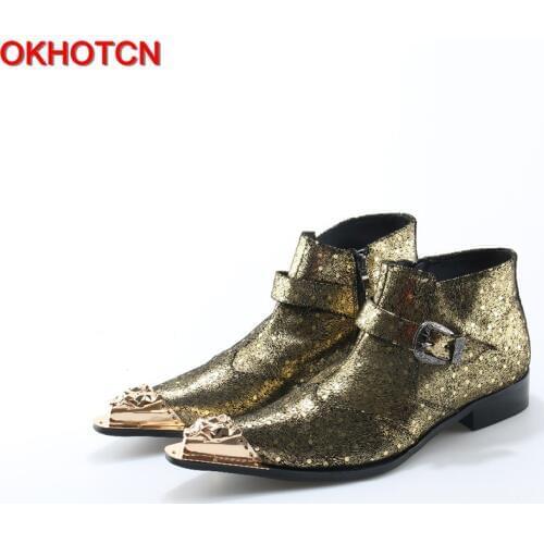 Fashion Metal Iron Pointed Toe Men Ankle Boots Spring Autumn Silk Botas Hombre Cowboy Buckle Zip Military Boots Prom Dress Shoes